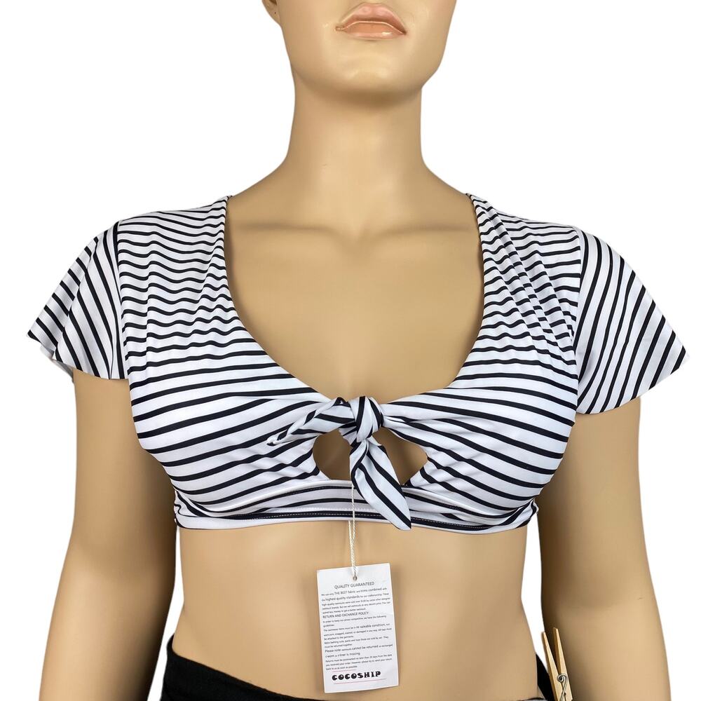New Cocoship Black White Stripe Flutter Sleeve Scoop Neck Cropped Swim Top 14